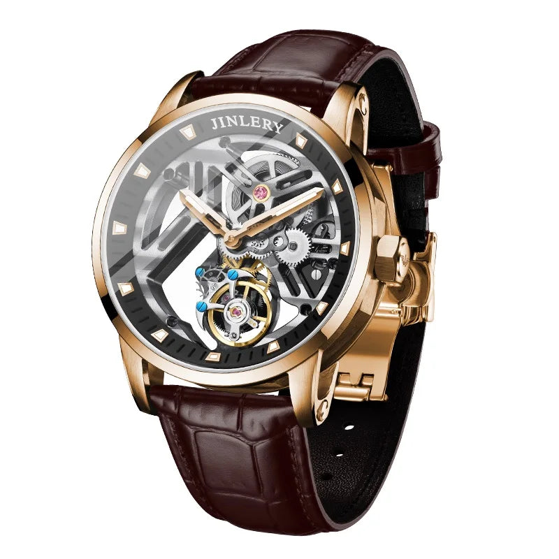 JINLERY Luxury Sports Watch Real Tourbillon Mechanical Watch for Men Fashion Skeleton Wristwatch Relogio Masculino