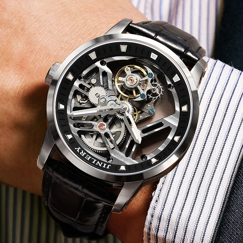 JINLERY Luxury Sports Watch Real Tourbillon Mechanical Watch for Men Fashion Skeleton Wristwatch Relogio Masculino