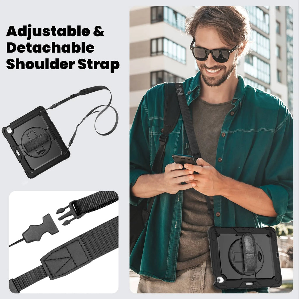 For iPad (A16) 11th Air 11 Air 13 M3  (2025) - Heavy Duty Protective Cover with Screen Protector, Shoulder Strap & Pencil Holder