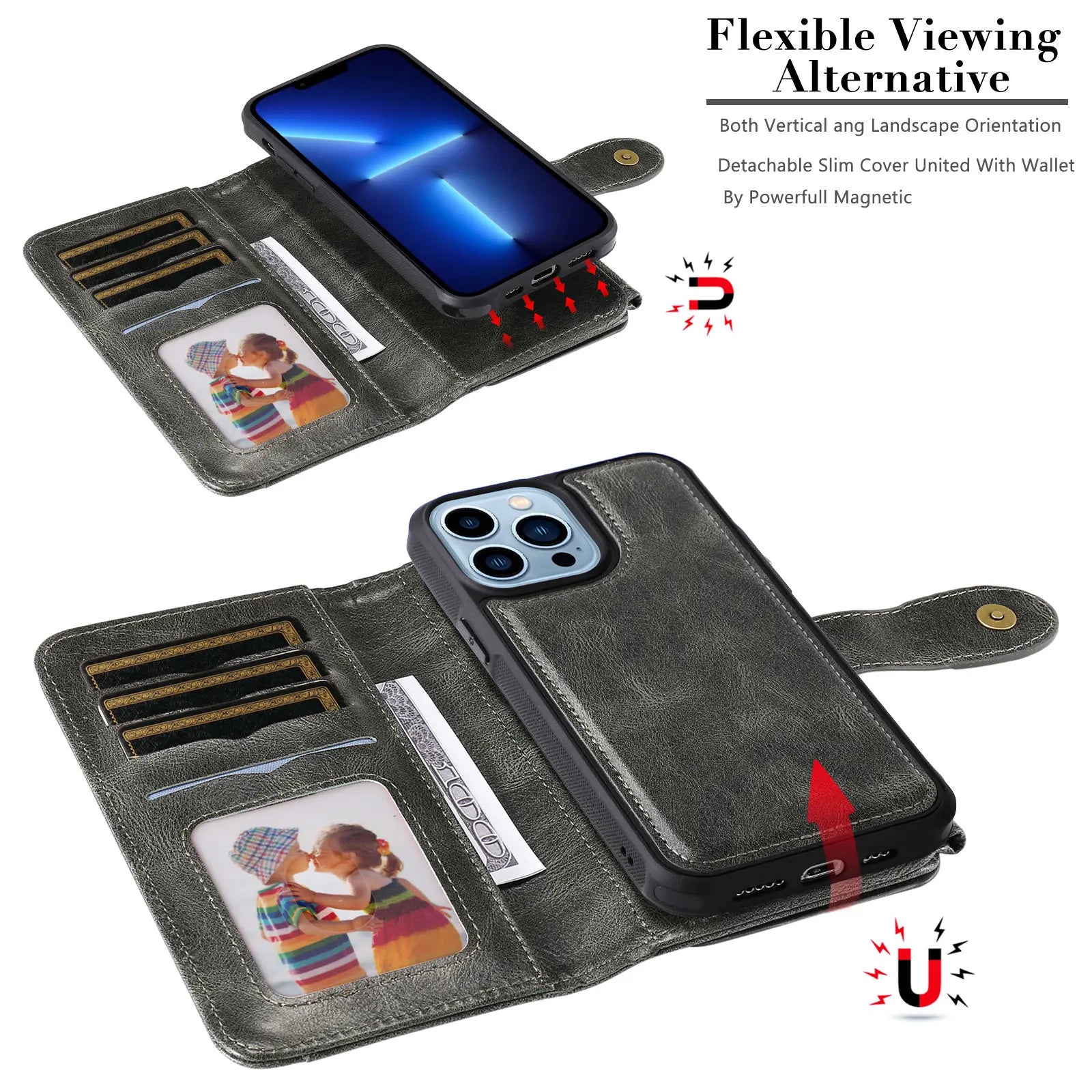 2 in 1 Detachable Magnetic Wallet Case for iPhone 15 14 13 12 11 Pro Max Wallet with Card Holder,Zipper,Pouch Pocket Flip Cover