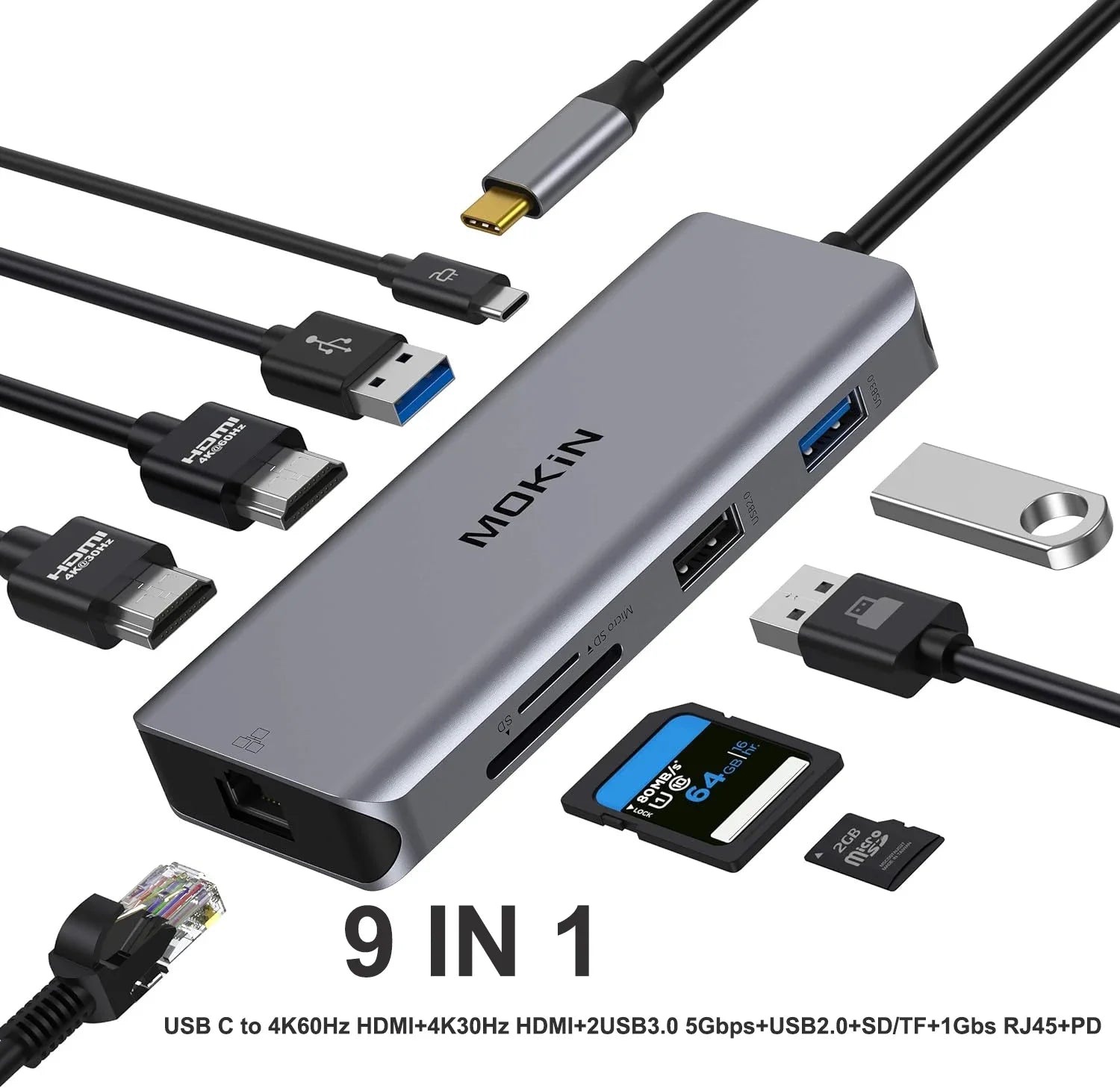 MOKiN 4K HUB HDMI Adapter accessories Docking Station 10Gbps 3 USB 3.1, SD/TF card,100W PD,for MacBook Pro Air M1 M2  USB to Hub