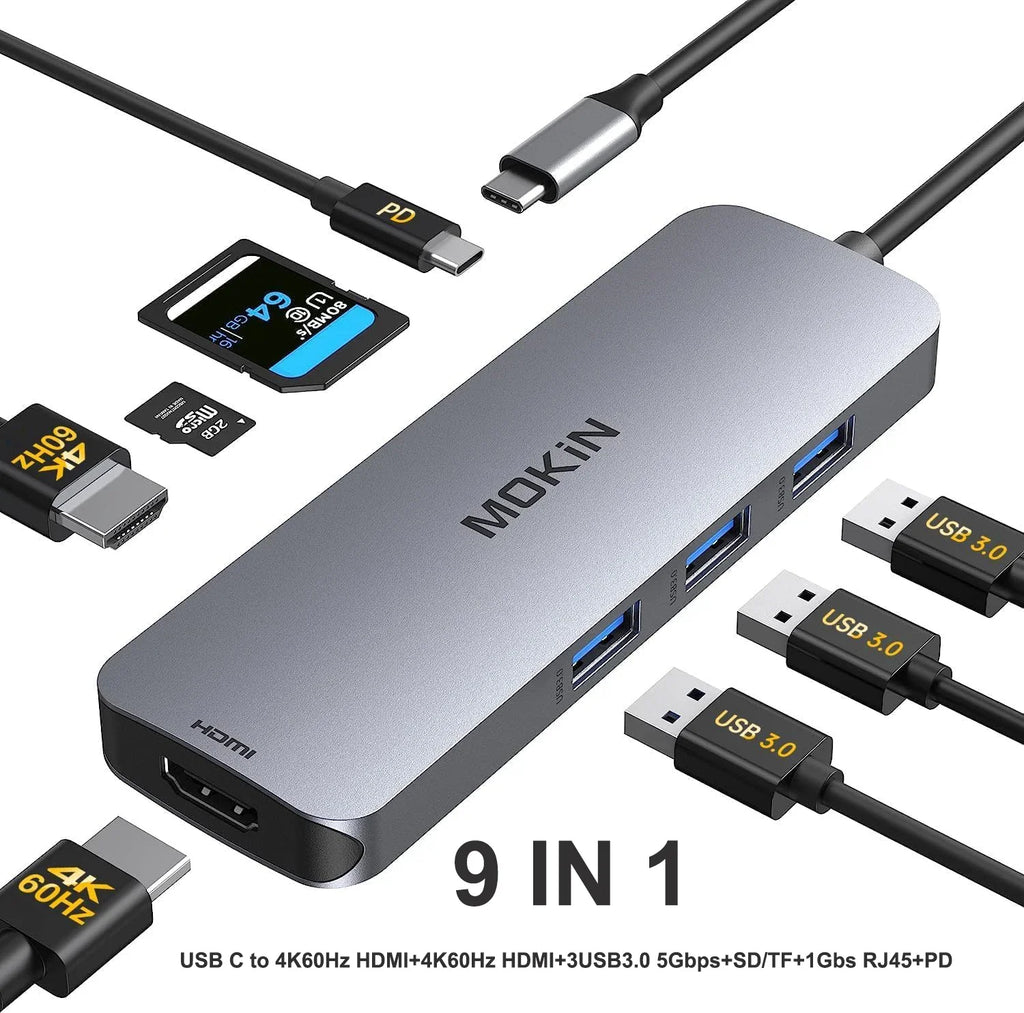 MOKiN 4K HUB HDMI Adapter accessories Docking Station 10Gbps 3 USB 3.1, SD/TF card,100W PD,for MacBook Pro Air M1 M2  USB to Hub
