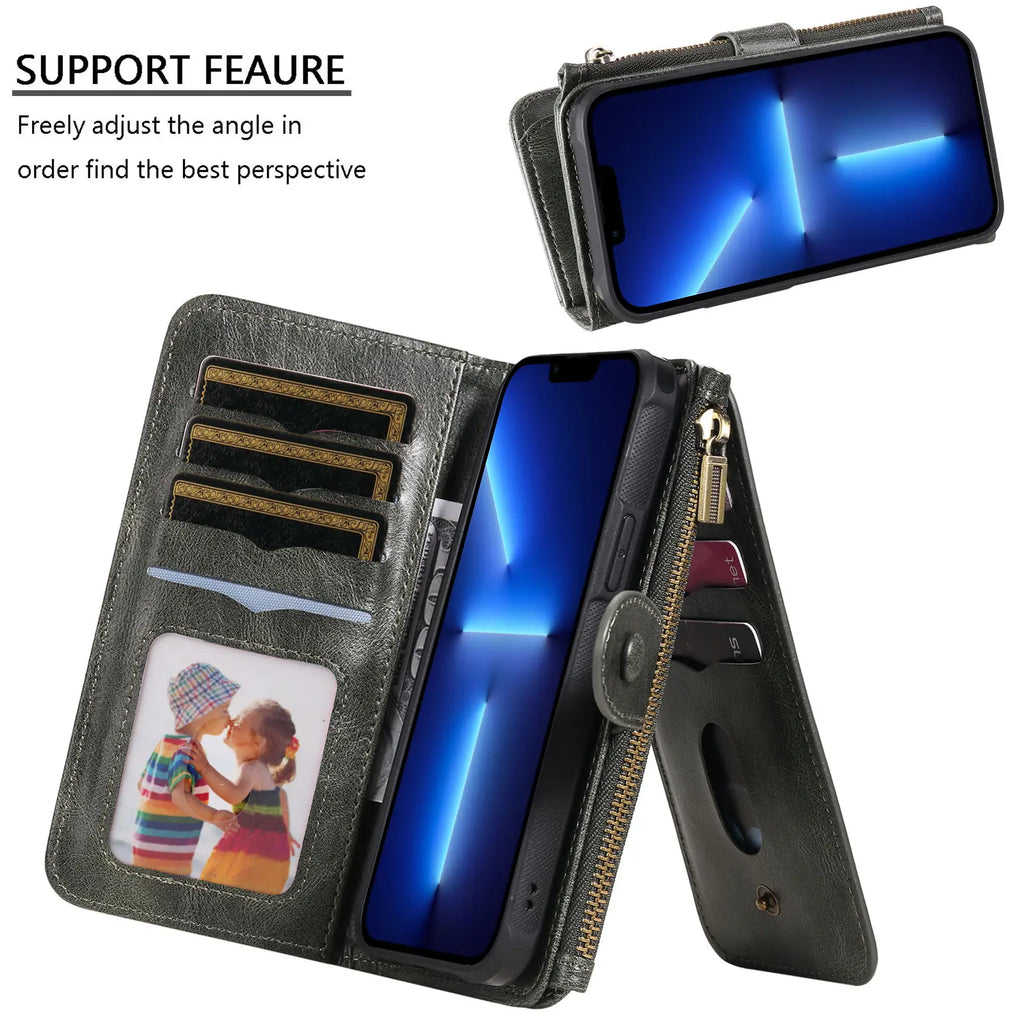 2 in 1 Detachable Magnetic Wallet Case for iPhone 15 14 13 12 11 Pro Max Wallet with Card Holder,Zipper,Pouch Pocket Flip Cover