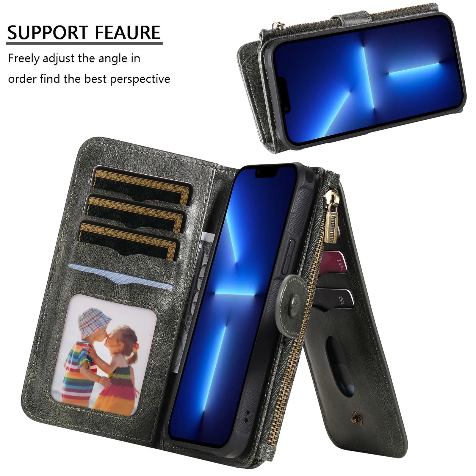 2 in 1 Detachable Magnetic Wallet Case for iPhone 15 14 13 12 11 Pro Max Wallet with Card Holder,Zipper,Pouch Pocket Flip Cover
