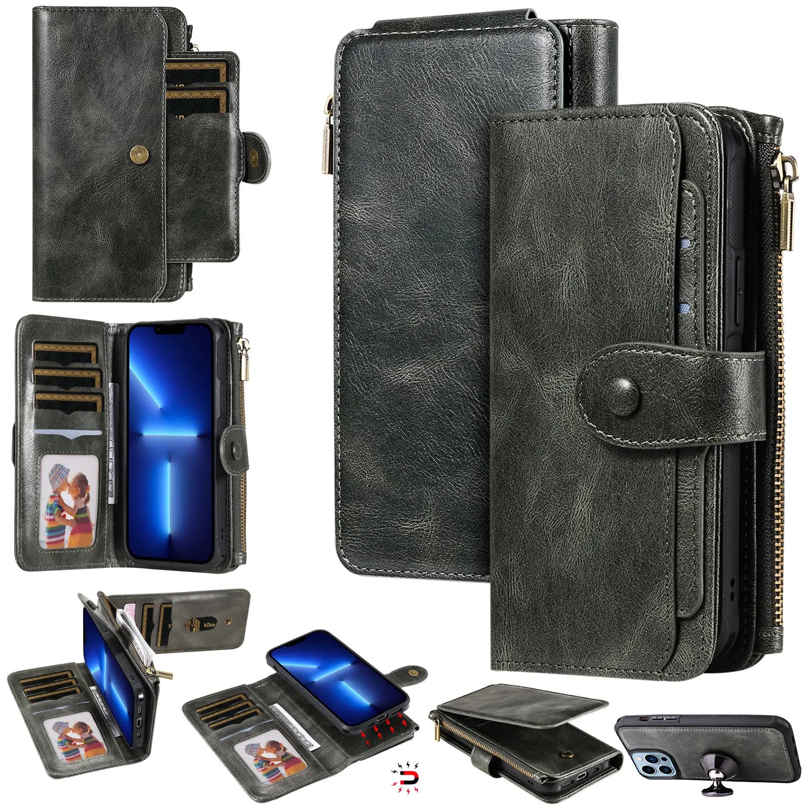 2 in 1 Detachable Magnetic Wallet Case for iPhone 15 14 13 12 11 Pro Max Wallet with Card Holder,Zipper,Pouch Pocket Flip Cover