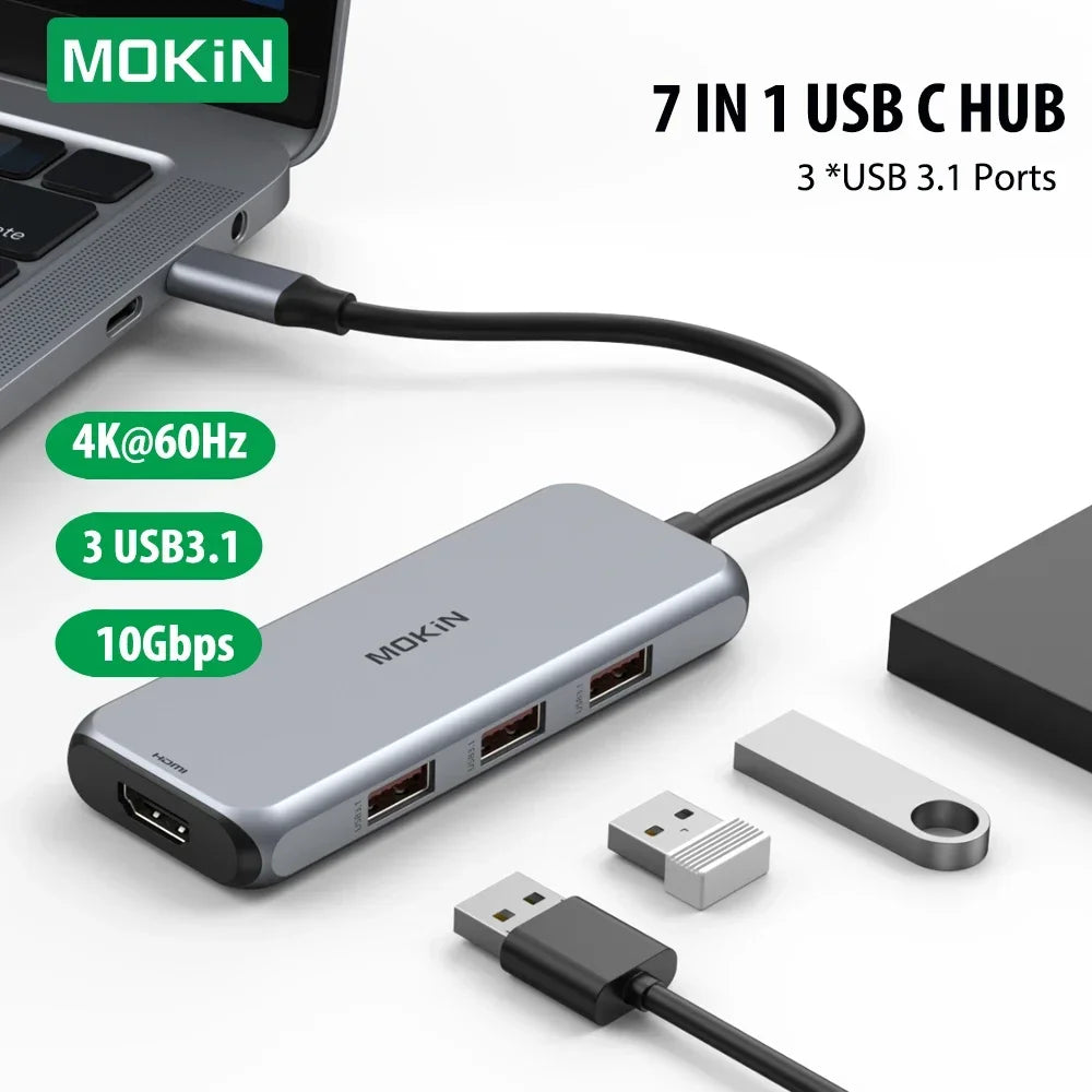 MOKiN 4K HUB HDMI Adapter accessories Docking Station 10Gbps 3 USB 3.1, SD/TF card,100W PD,for MacBook Pro Air M1 M2  USB to Hub