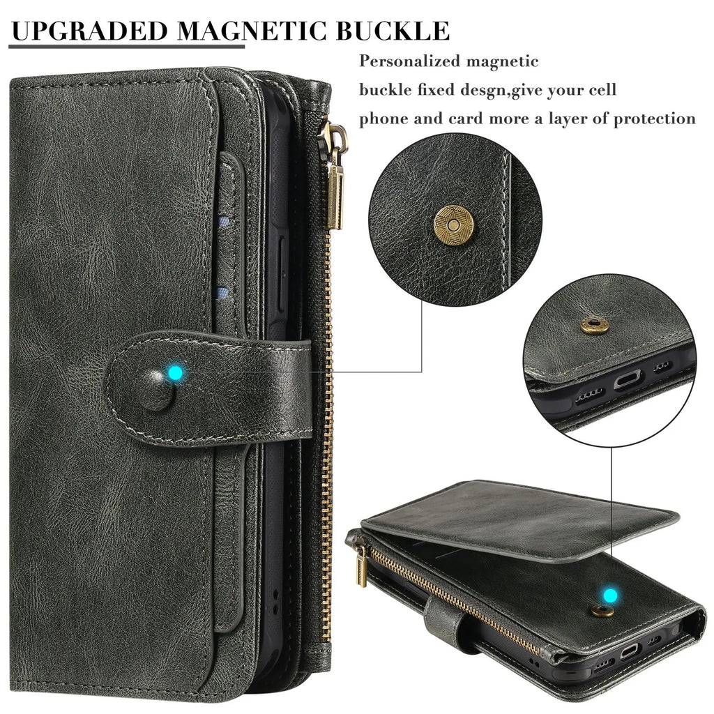 2 in 1 Detachable Magnetic Wallet Case for iPhone 15 14 13 12 11 Pro Max Wallet with Card Holder,Zipper,Pouch Pocket Flip Cover