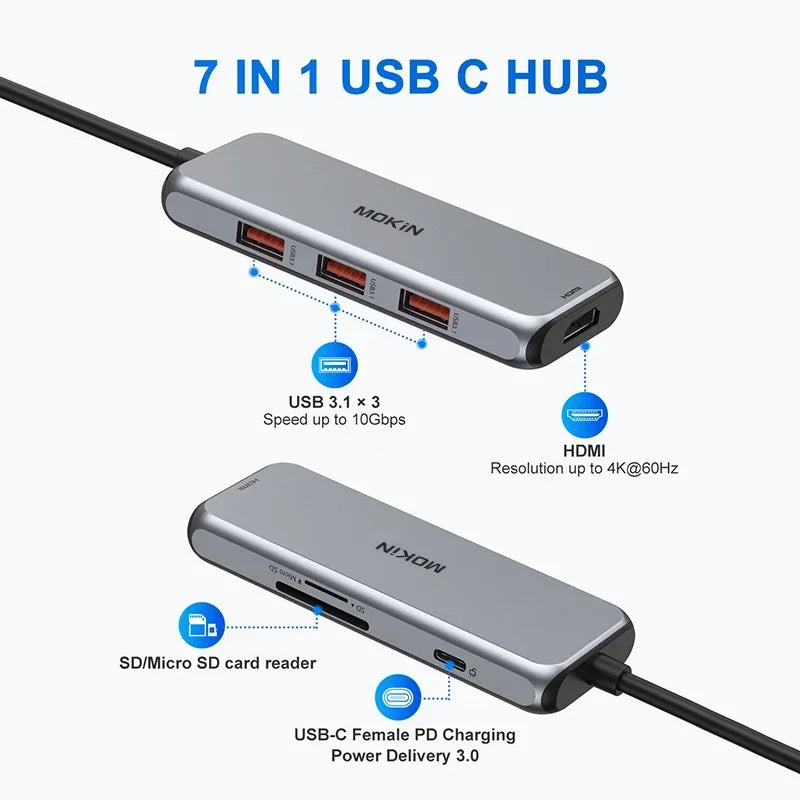MOKiN 4K HUB HDMI Adapter accessories Docking Station 10Gbps 3 USB 3.1, SD/TF card,100W PD,for MacBook Pro Air M1 M2  USB to Hub