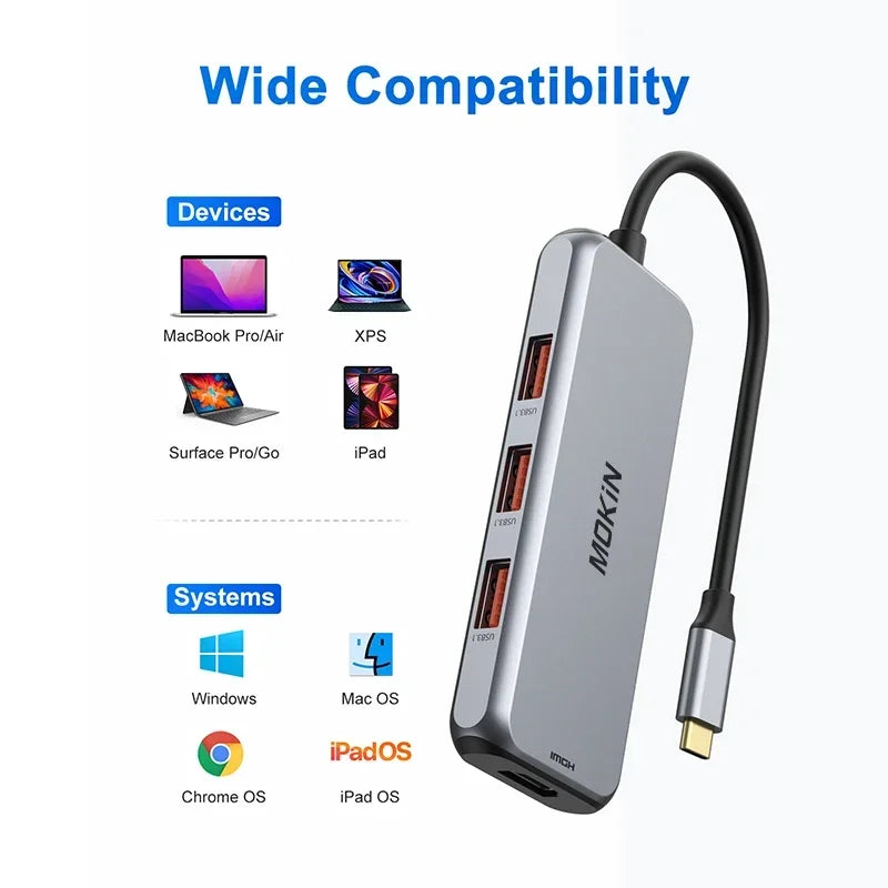 MOKiN 4K HUB HDMI Adapter accessories Docking Station 10Gbps 3 USB 3.1, SD/TF card,100W PD,for MacBook Pro Air M1 M2  USB to Hub
