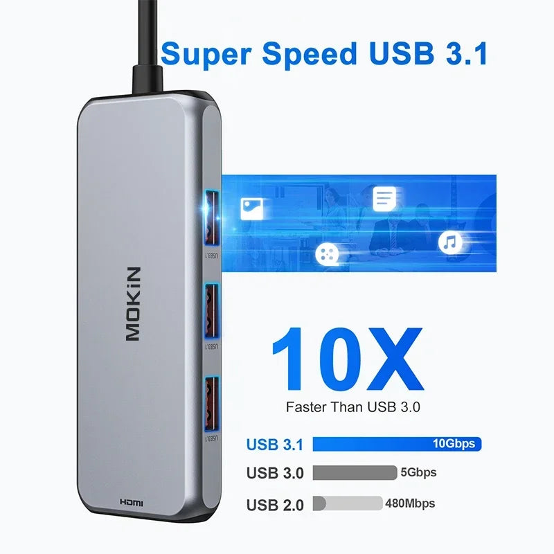 MOKiN 4K HUB HDMI Adapter accessories Docking Station 10Gbps 3 USB 3.1, SD/TF card,100W PD,for MacBook Pro Air M1 M2  USB to Hub