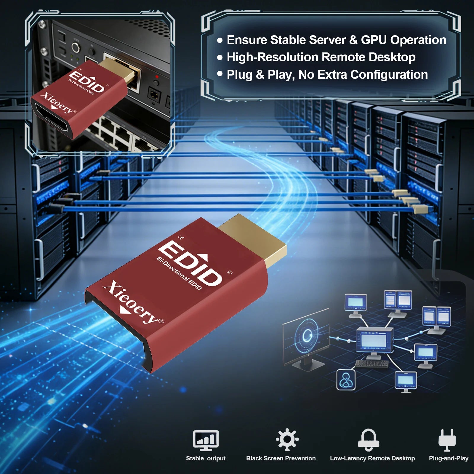 HDMI EDID Emulator 1080P 60Hz RGB Default, UHD Dummy Display Adapter for Remote Access, GPU Rigs, KVM, 4K/2K Ultra-Wide